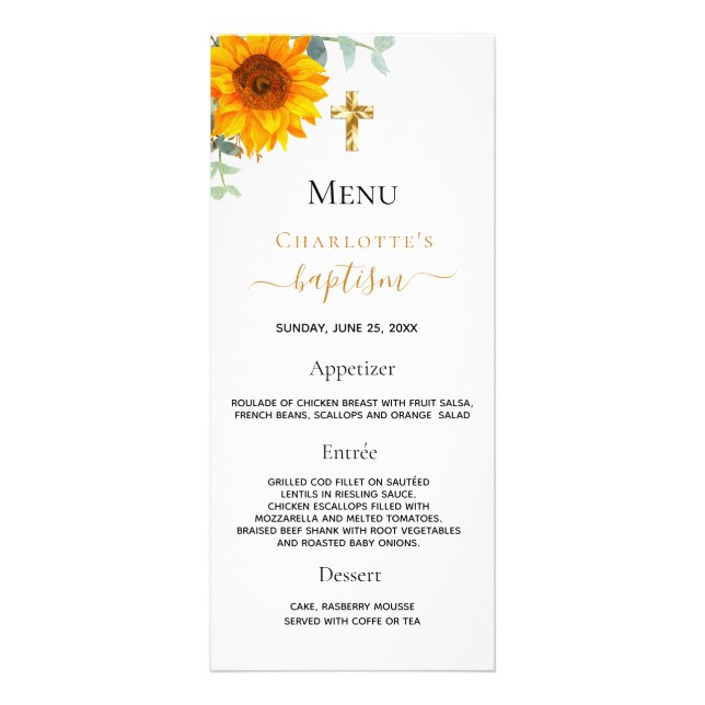 Baptism Menu rustic sunflower watercolor (Front)