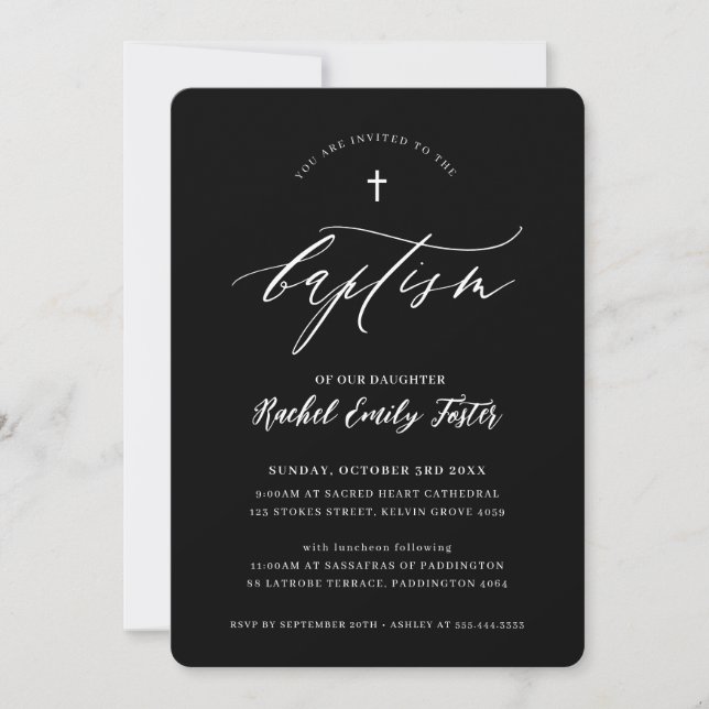 BAPTISM minimal calligraphy elegant white black Invitation (Front)