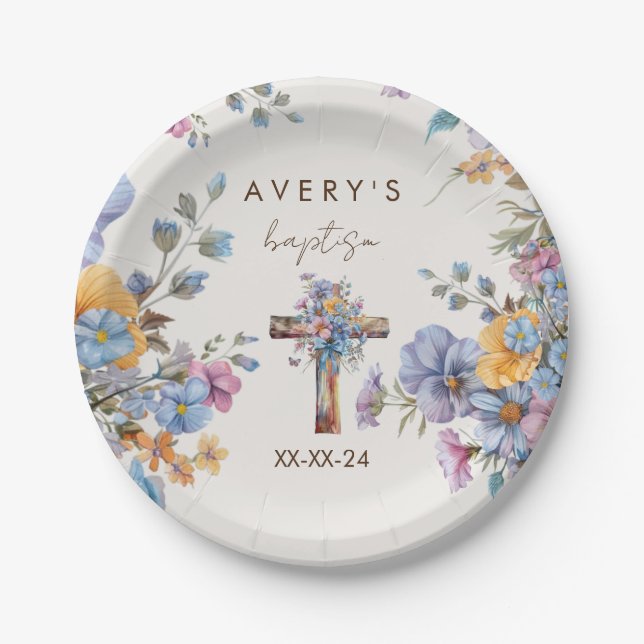 Baptism modern blue watercolor cross elegant paper plate (Front)