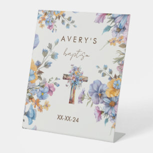 Baptism modern blue watercolor cross elegant pedestal sign