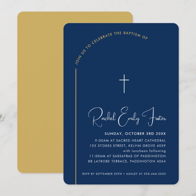 BAPTISM modern cross editable curved navy gold Invitation (Front/Back)