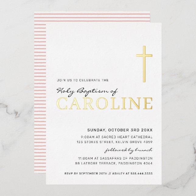 BAPTISM modern elegant cross pretty girl gold pink (Front/Back)