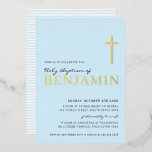 BAPTISM modern elegant cross stylish boy baby blue<br><div class="desc">by kat massard
Modern invitation with "shiny gold foil" for your child's BAPTISM celebration.
Easy to update the template yourself
Email me for matching items and alternate colour schemes - kat@simplysweetpaperie.com</div>