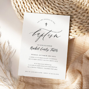 BAPTISM modern minimal calligraphy elegant black Invitation