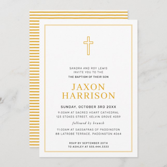 BAPTISM modern minimal cross simple yellow Invitation (Front/Back)