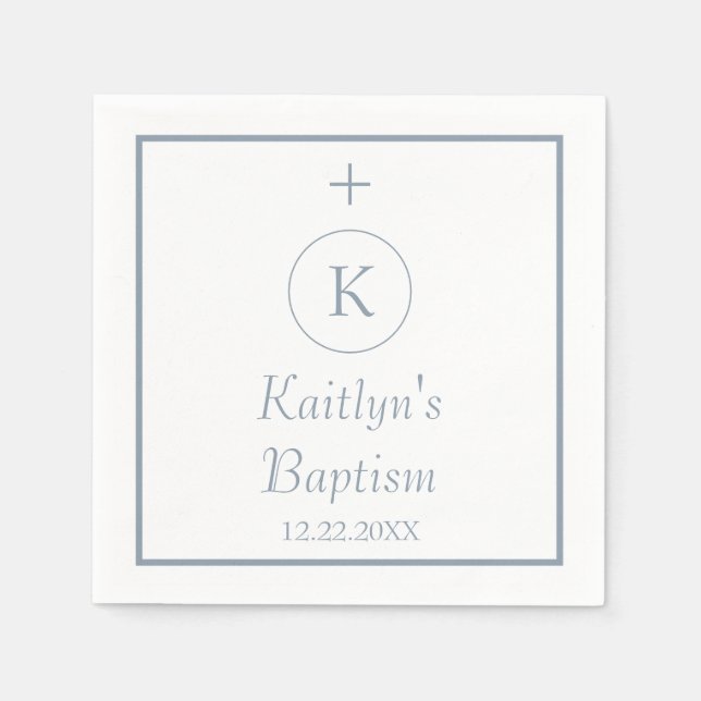 Baptism Monogram Initials Dusty Blue White Elegant Napkin (Front)