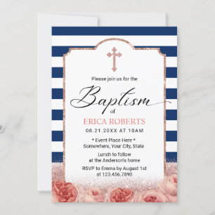 Baptism Nautical Navy Stripes Rose Gold Floral Invitation
