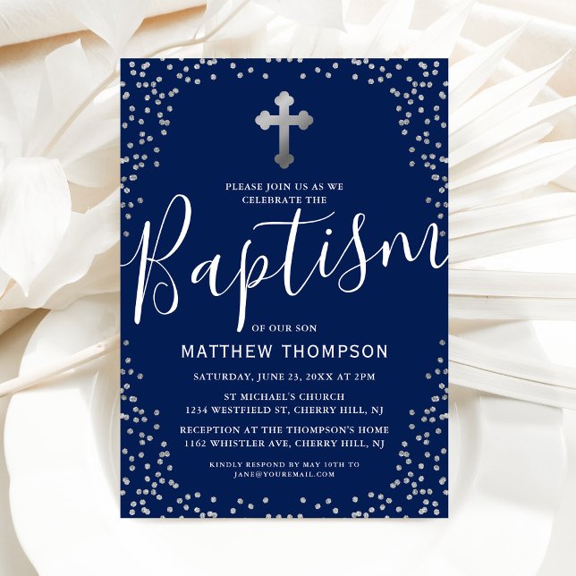 Baptism Navy Blue Silver Glitter Christening Invitation (Creator Uploaded)