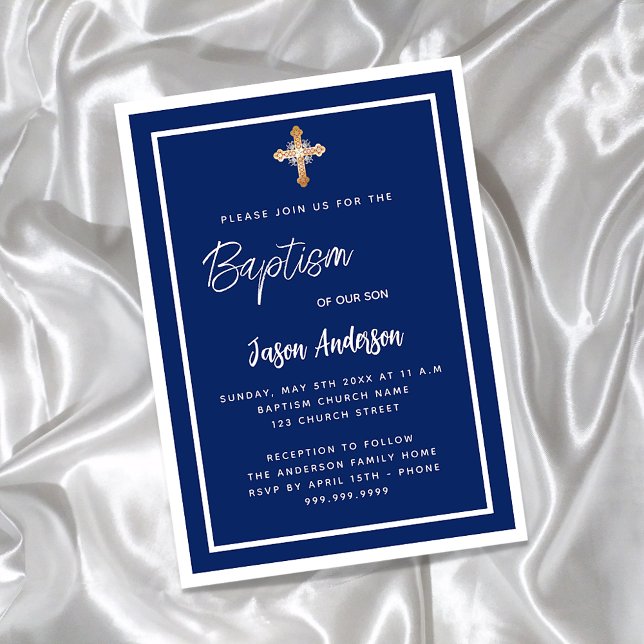 Baptism navy blue white boy gold cross luxury invitation (Creator Uploaded)