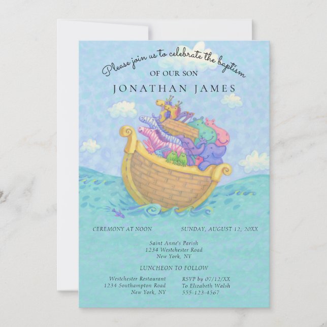 Baptism Noah's Ark Baby Animals Blue Invitation (Front)