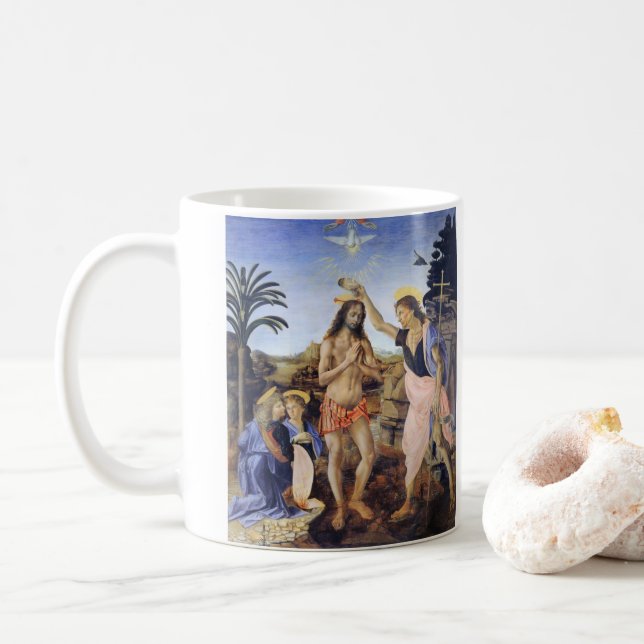 Baptism of Christ by Verrocchio, Leonardo da Vinci Coffee Mug (With Donut)