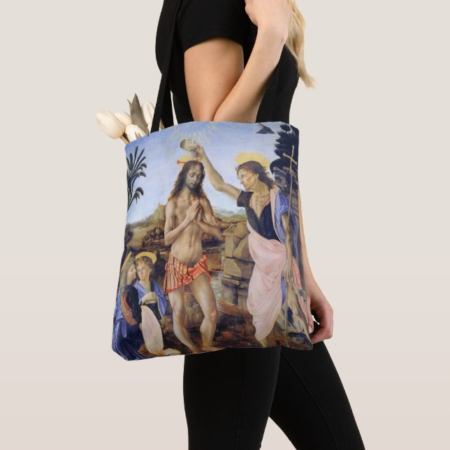 Baptism of Christ by Verrocchio, Leonardo da Vinci Tote Bag (Close Up)