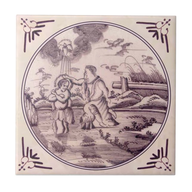 Baptism of Jesus Delft Manganese Repro 18th Cent. Ceramic Tile (Front)