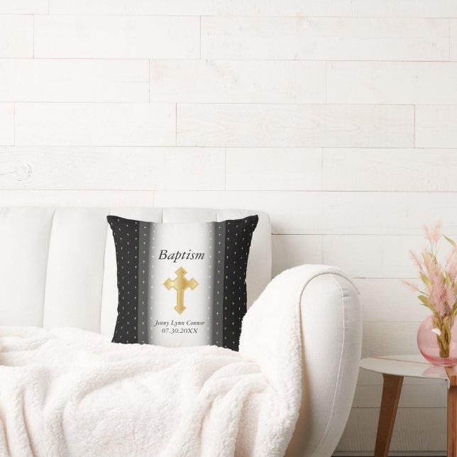 Baptism on Black with Gold Cross Cushion (Couch)