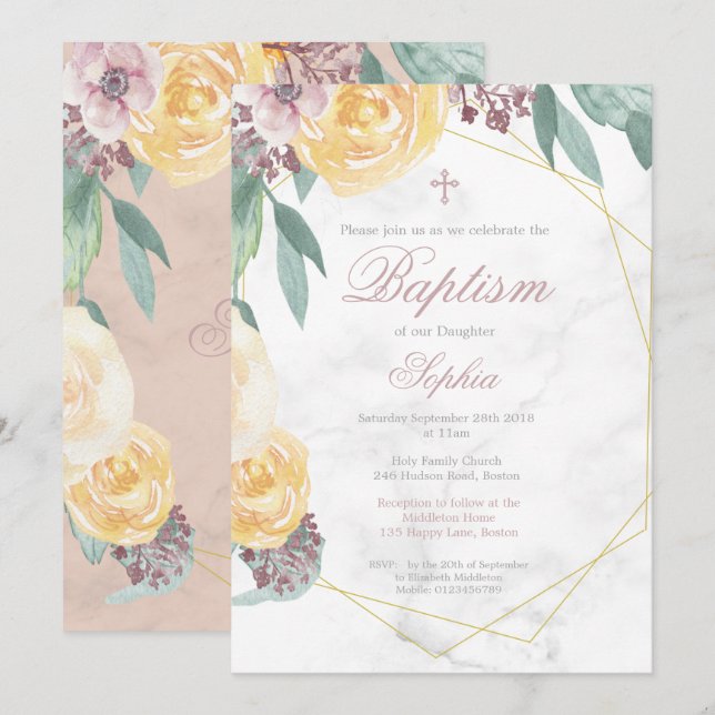 Baptism or Christening Floral Geometric Pink Chic Invitation (Front/Back)