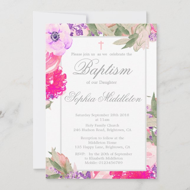 Baptism or Christening Floral Roses Invitation (Front)