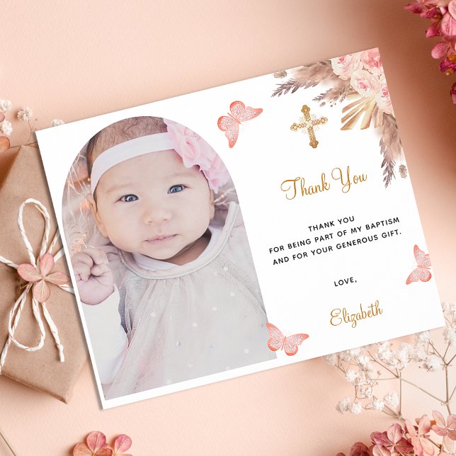 Baptism pampas arch photo blush thank you card (Creator Uploaded)