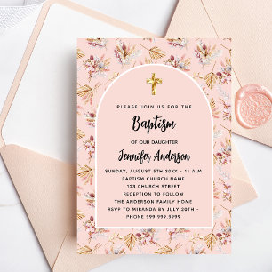 Baptism pampas florals rose gold pink girl invitation postcard