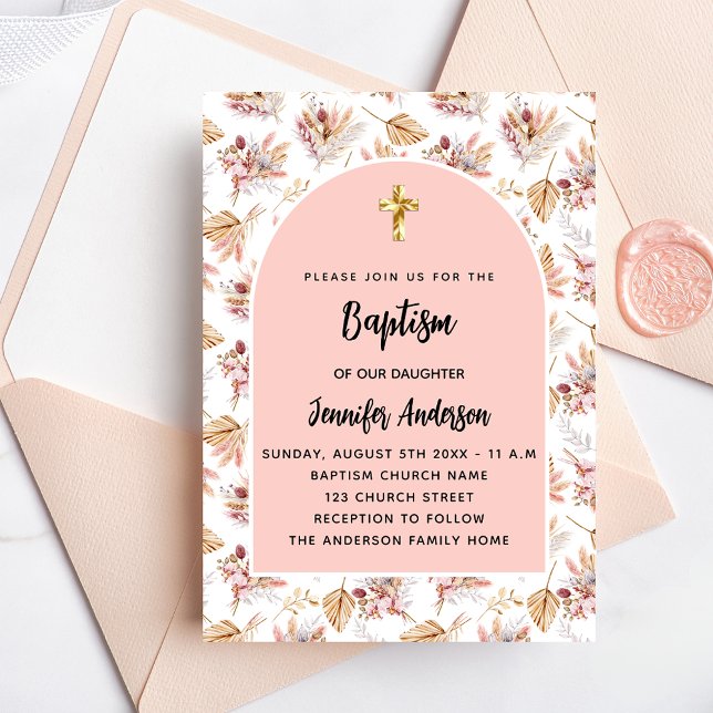 Baptism pampas flowers rose gold pink girl invitation postcard (Creator Uploaded)