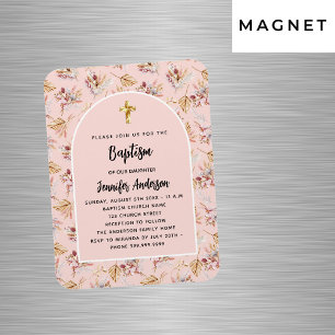 Baptism pampas flowers rose gold pink invitation magnet