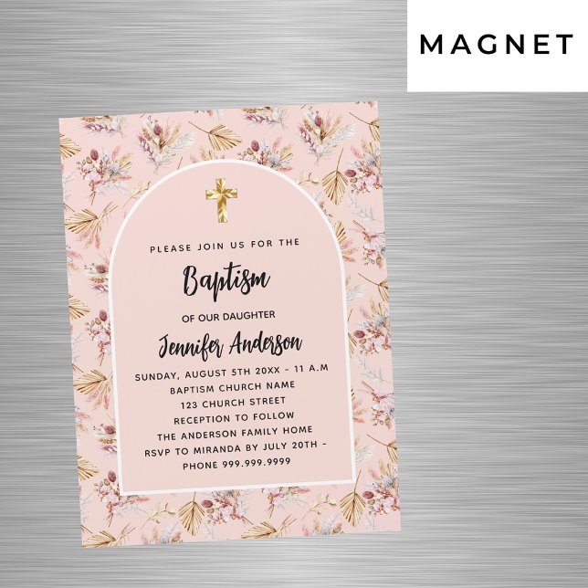 Baptism pampas flowers rose gold pink luxury magnetic invitation (Creator Uploaded)