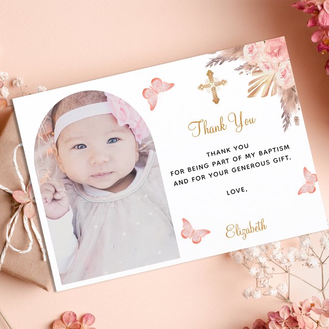 Baptism pampas grass arch photo blush pink girl thank you card (Creator Uploaded)