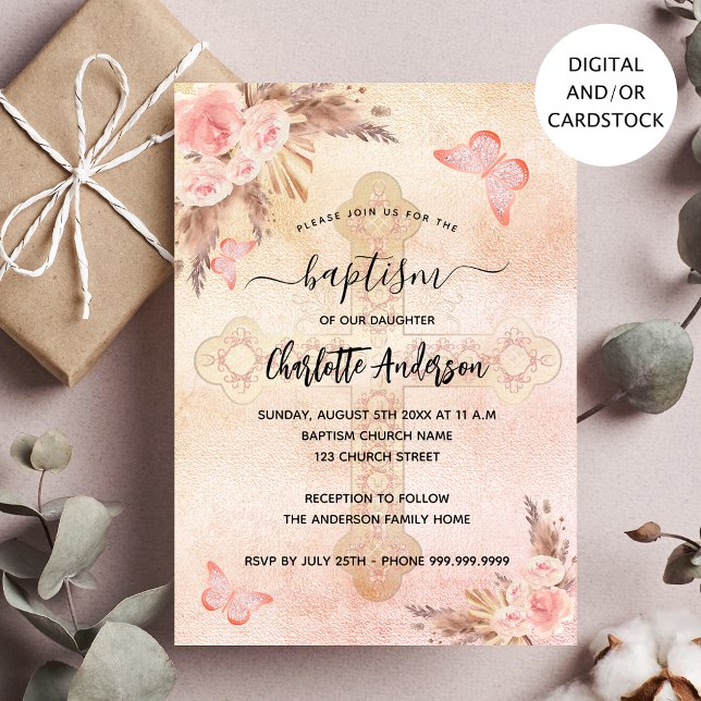 Baptism pampas grass blush butterfly floral girl invitation (Creator Uploaded)