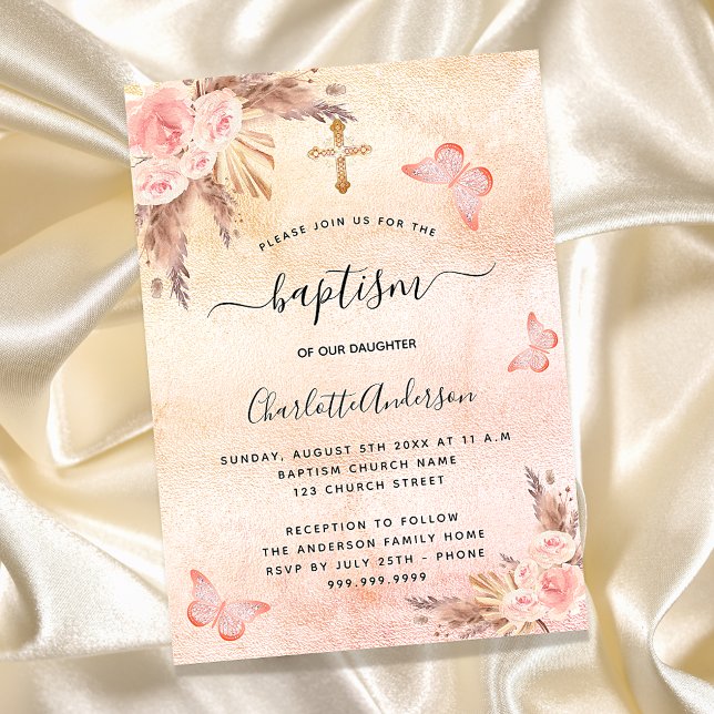 Baptism pampas grass blush butterfly flowers invitation postcard (Creator Uploaded)