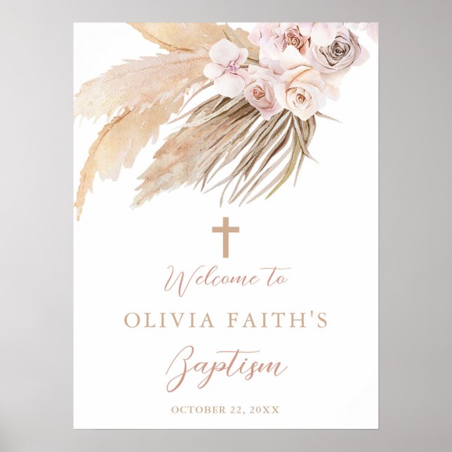 Baptism Pampas grass boho bohemian welcome sign (Front)