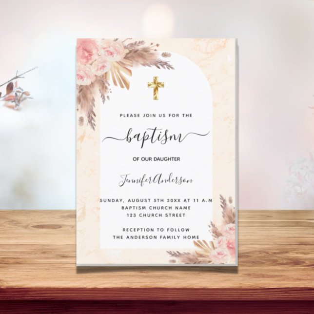 Baptism pampas grass rose gold blush pink marble invitation postcard (Creator Uploaded)