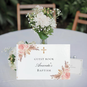 Baptism pampas grass rose gold girl cross guest book