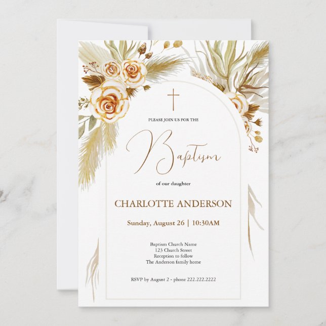 Baptism pampas grass watercolor boho elegant  invitation (Front)