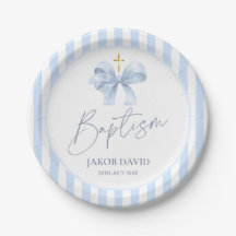 Baptism Paper Plates for Boys, Modern Blue Bow 