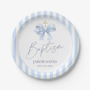 Baptism Paper Plates for Boys, Modern Blue Bow