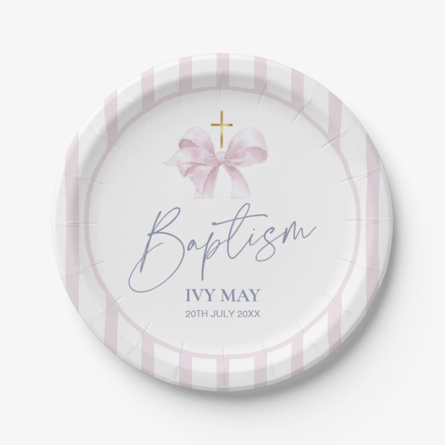 Baptism Paper Plates for Girl, Modern Pink Bow  (Front)