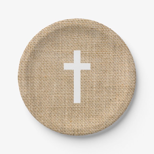 Baptism Paper Plates White Cross Rustic Burlap (Front)