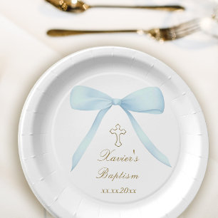 Baptism pastel blue bow paper plate