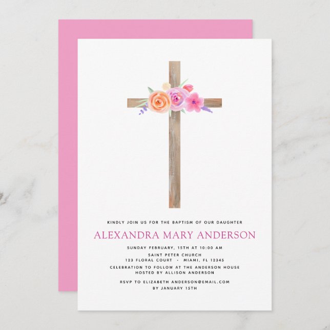 Baptism Pastel Floral Pink Rose Cross Invitation (Front/Back)