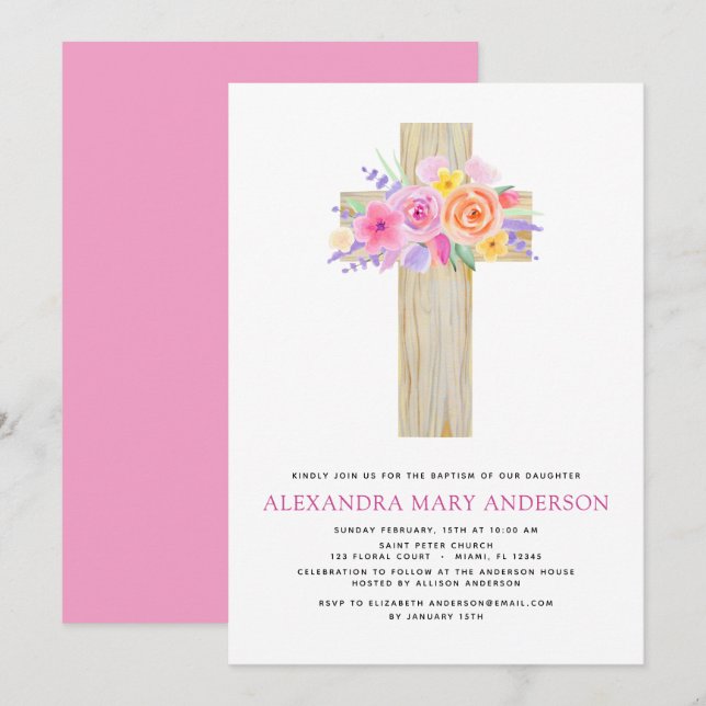 Baptism Pastel Floral Pink Rose Cross Invitation (Front/Back)