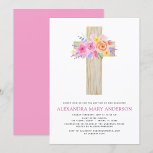 Baptism Pastel Floral Pink Rose Cross Invitation