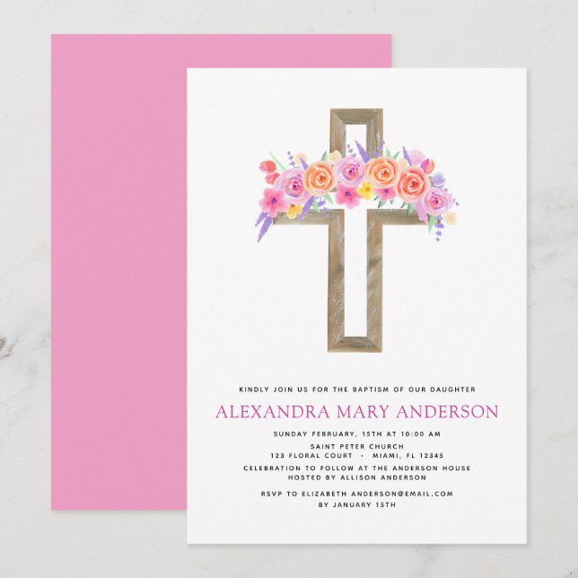 Baptism Pastel Floral Pink Rose Cross Invitation (Front/Back)