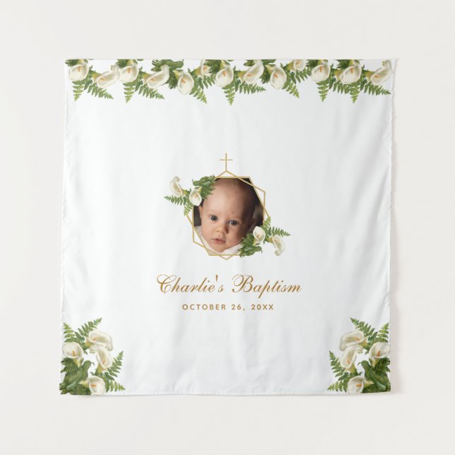 Baptism Photo Backdrop - Calla Lilies Gold Floral  Tapestry (Front)