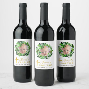 Baptism Photo Botanical Greenery Wreath Faux Gold  Wine Label