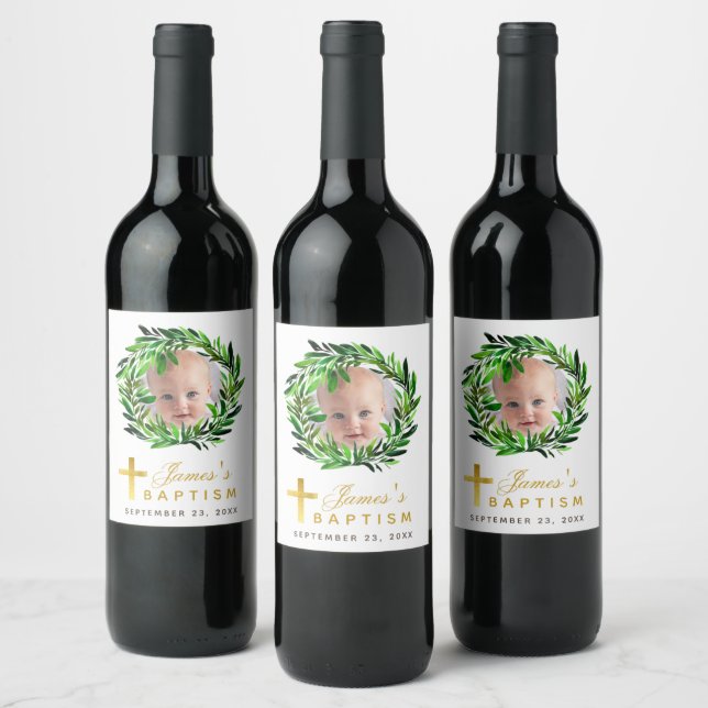 Baptism Photo Botanical Greenery Wreath Faux Gold  Wine Label (Bottles)