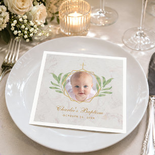 Baptism Photo Botanical Leaves Foliage Gold Marble Napkin
