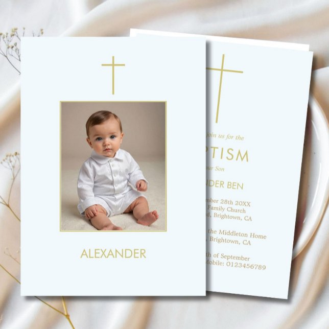  Baptism Photo Boys Blue Gold Religious Invitation (Creator Uploaded)