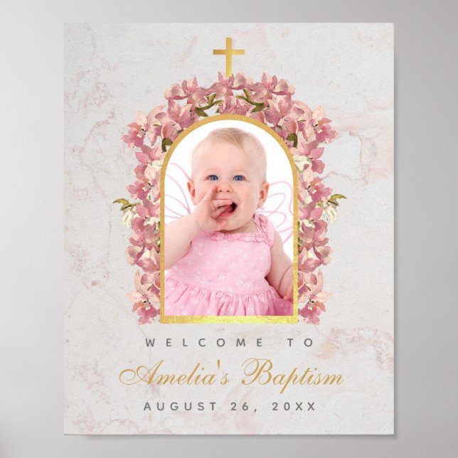 Baptism Photo Faux Gold Arch Pink Orchids Welcome  Poster (Front)