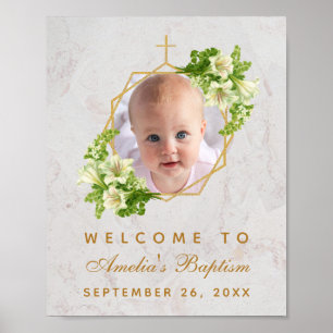 Baptism Photo Girl White Lilies Gold Welcome Sign