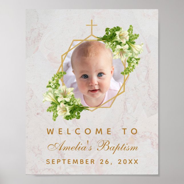Baptism Photo Girl White Lilies Gold Welcome Sign (Front)