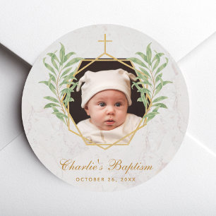 Baptism Photo Greenery Botanical Geometric Marble  Classic Round Sticker